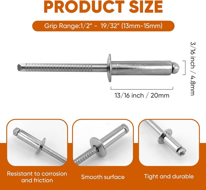 ALLCLEAN 75 Pcs 3/16"x3/4" Stainless Steel Blind Pro Rivets,4.8 x 20mm Pop Rivets,Stainless Steel Grip and Stainless Steel Mandrel - Image 2